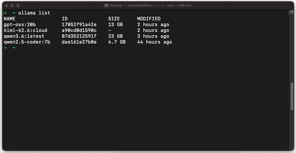 Ollama list — zainstalowane lokalne modele LLM